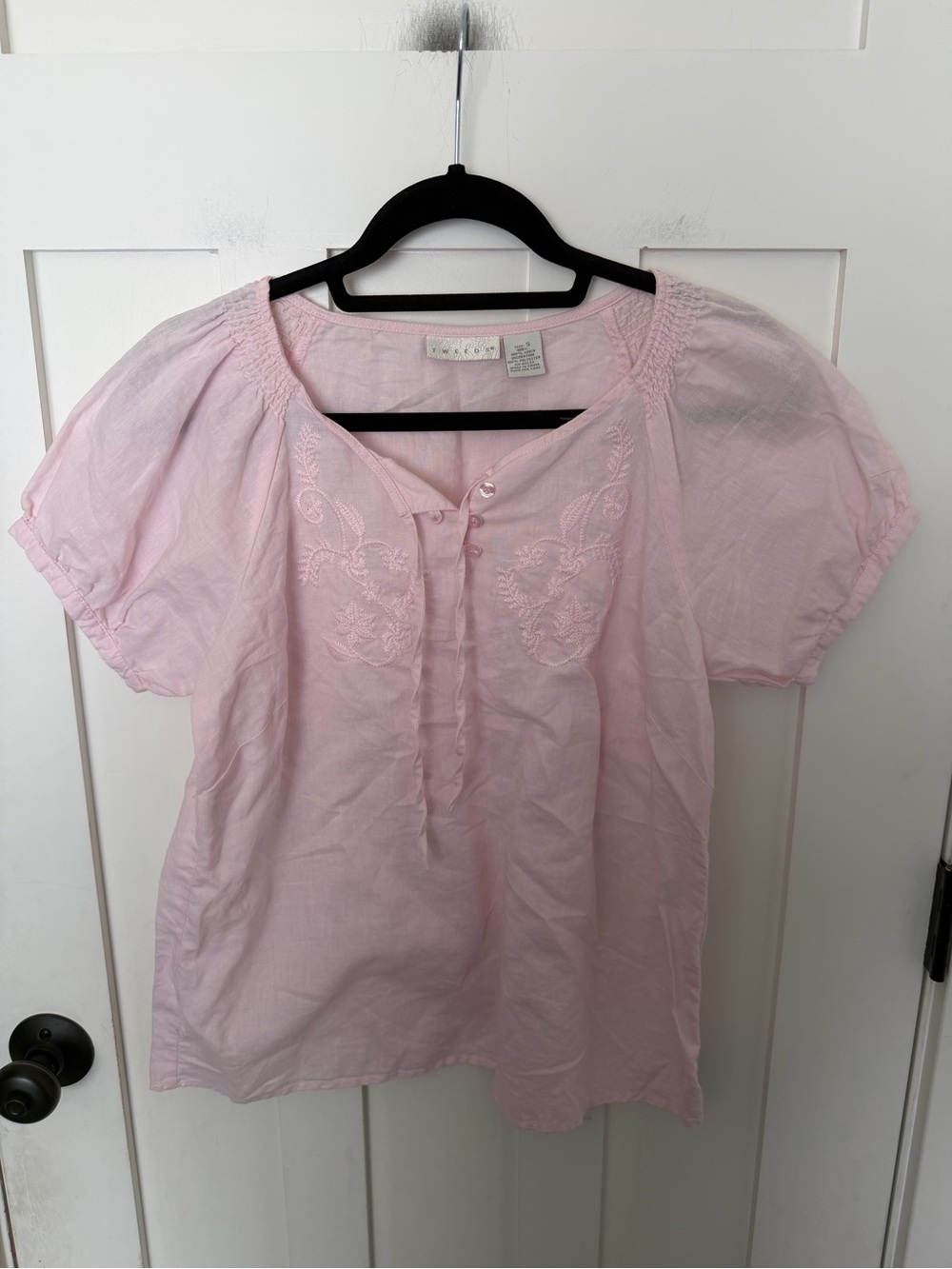 Tweeds Light Pink 100% Linen Puff Sleeve Embroidered Blouse Short Sleeve Top S